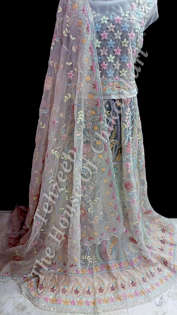 Organza Silk Lucknowi Chikankari Lehenga Set, Lavender Blue, detail 3