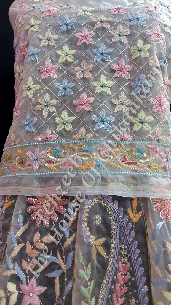 Organza Silk Lucknowi Chikankari Lehenga Set, Lavender Blue, detail 4