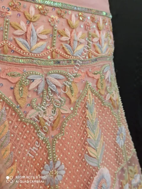 Organza Silk Lucknowi Chikankari Lehenga Set, Peach with Pastel Embroidery