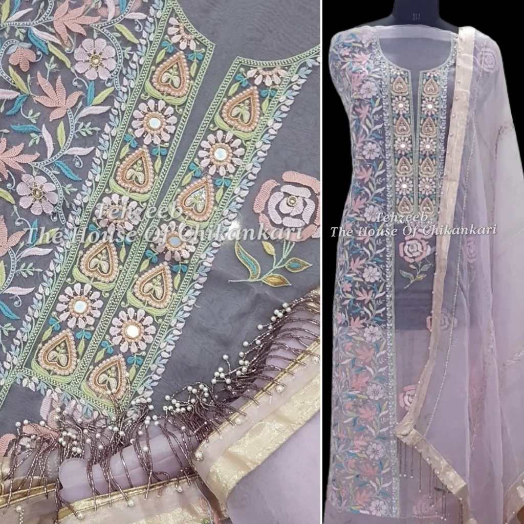 Organza Silk Lucknowi Chikankari Suit
