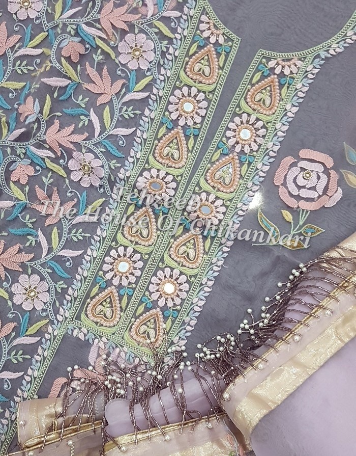 Organza Silk Lucknowi Chikankari Suit, detail 2
