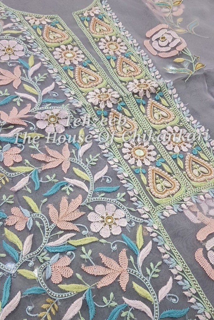 Organza Silk Lucknowi Chikankari Suit, detail 3