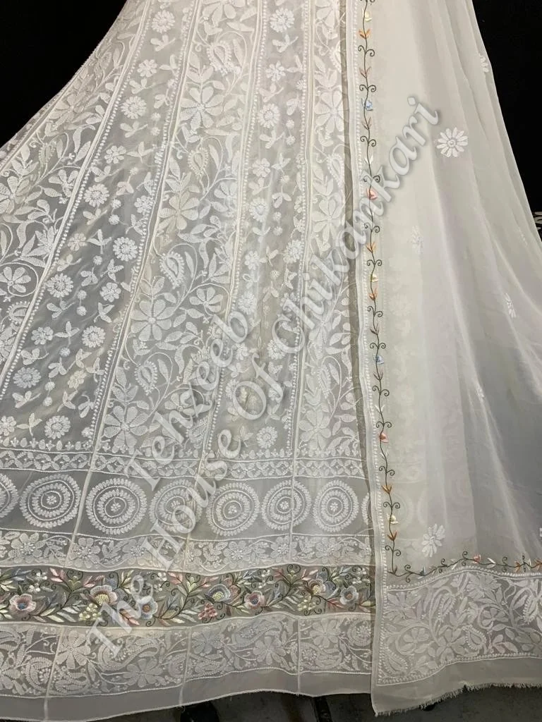 Parsigara Anarkali of Lucknowi Chikankari, Ivory with Parsi Hem Border