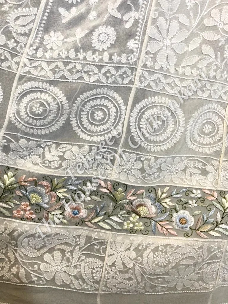 Parsigara Anarkali of Lucknowi Chikankari, Ivory with Parsi Hem Border, detail 2