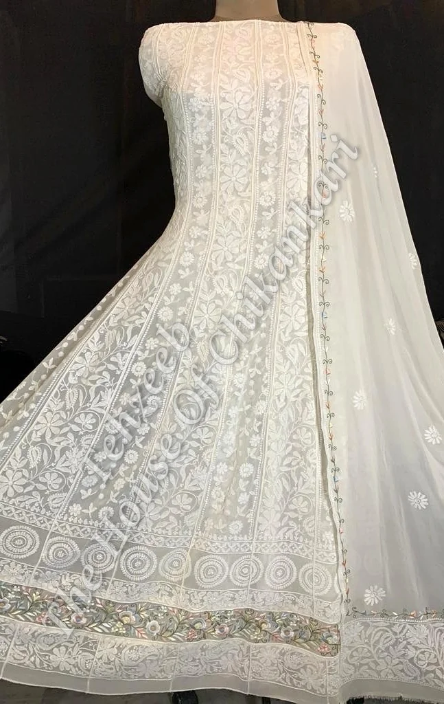Parsigara Anarkali of Lucknowi Chikankari, Ivory with Parsi Hem Border, detail 3