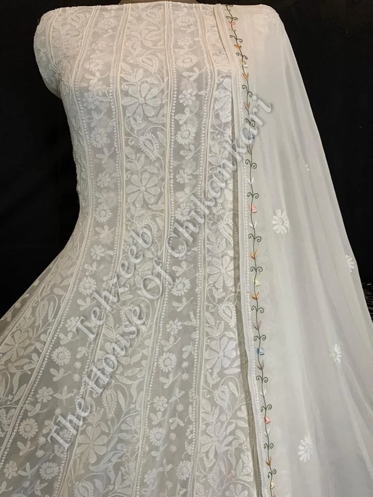 Parsigara Anarkali of Lucknowi Chikankari, Ivory with Parsi Hem Border, detail 4