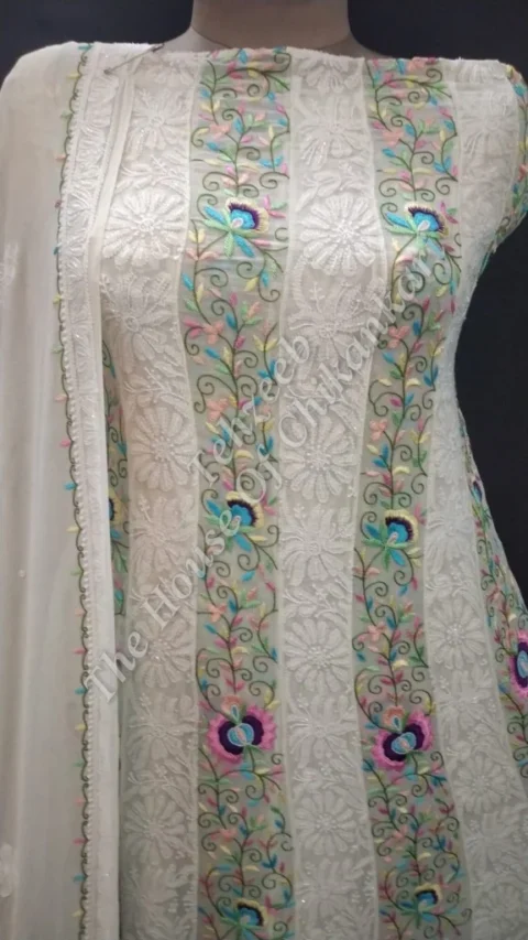 Parsigara Anarkali of Lucknowi Chikankari, Ivory with Multicolour Parsi Panels