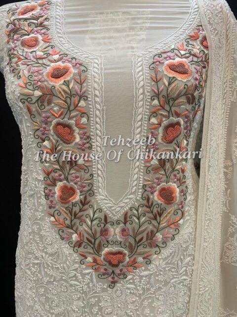 Parsigara Chikankari Suit, Ivory with Coral Floral Yoke