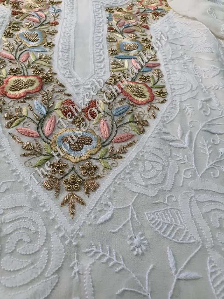 Parsigara Chikankari Suit, Ivory with Multicolour Parsi Yoke