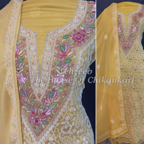 Parsigara Chikankari Suit, Yellow with Pink Parsi Yoke