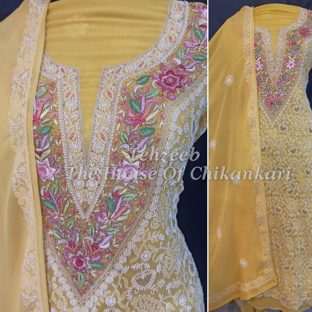 Parsigara Chikankari Suit, Yellow with Pink Parsi Yoke