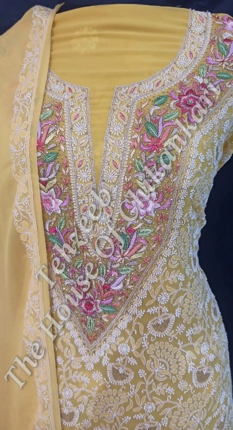 Parsigara Chikankari Suit, Yellow with Pink Parsi Yoke, detail 2