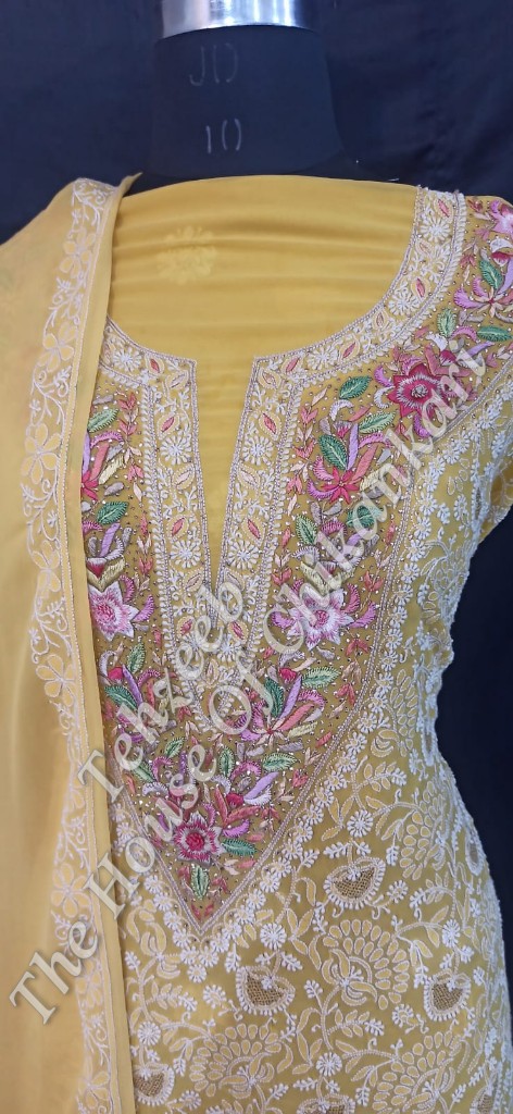Parsigara Chikankari Suit, Yellow with Pink Parsi Yoke, detail 3