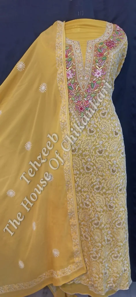 Parsigara Chikankari Suit, Yellow with Pink Parsi Yoke, detail 4