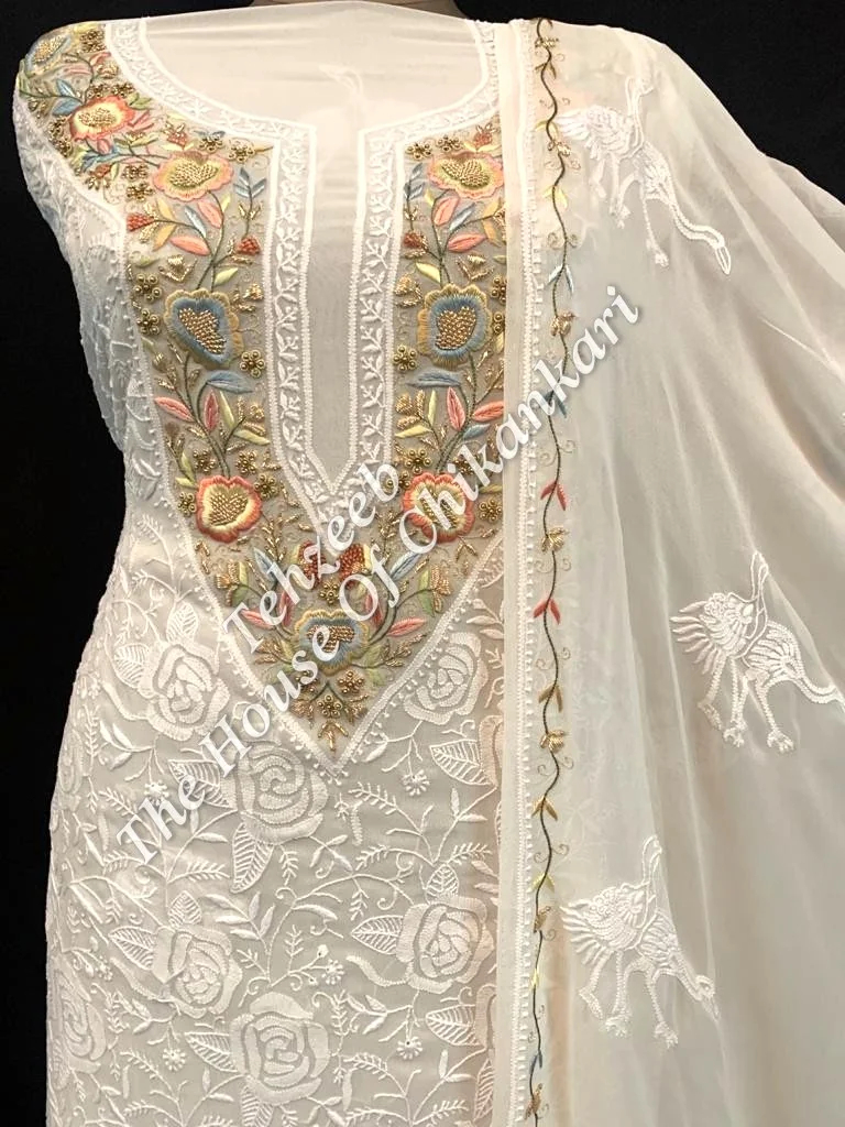Parsigara Chikankari Suit, Ivory with Multicolour Parsi Yoke, detail 2