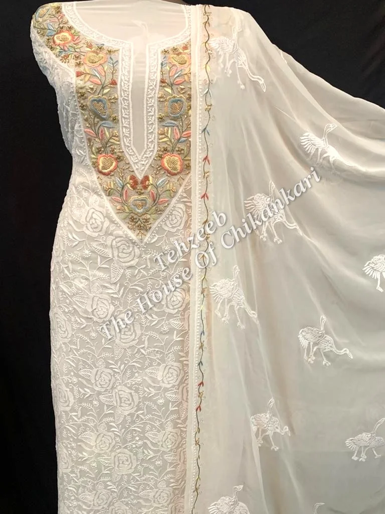 Parsigara Chikankari Suit, Ivory with Multicolour Parsi Yoke, detail 3