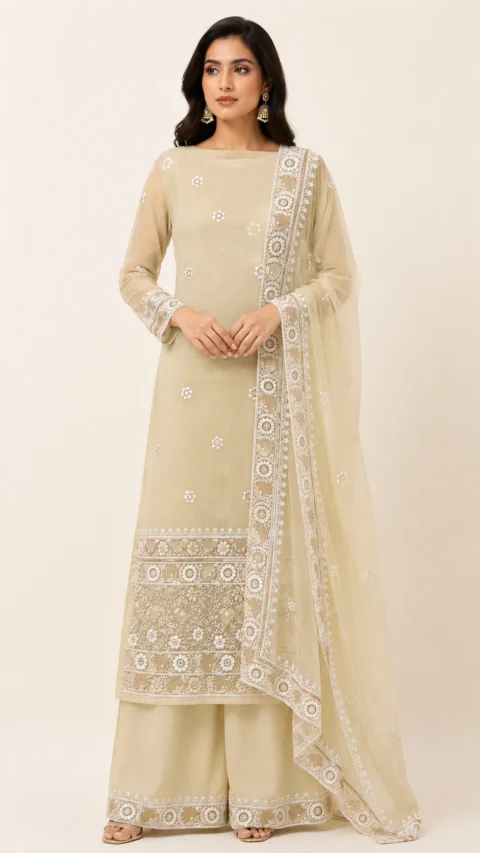 Pastel YellowGeorgette Chikankari Kurta Palazzo Set with Dupatta -Cutdana, Pearl