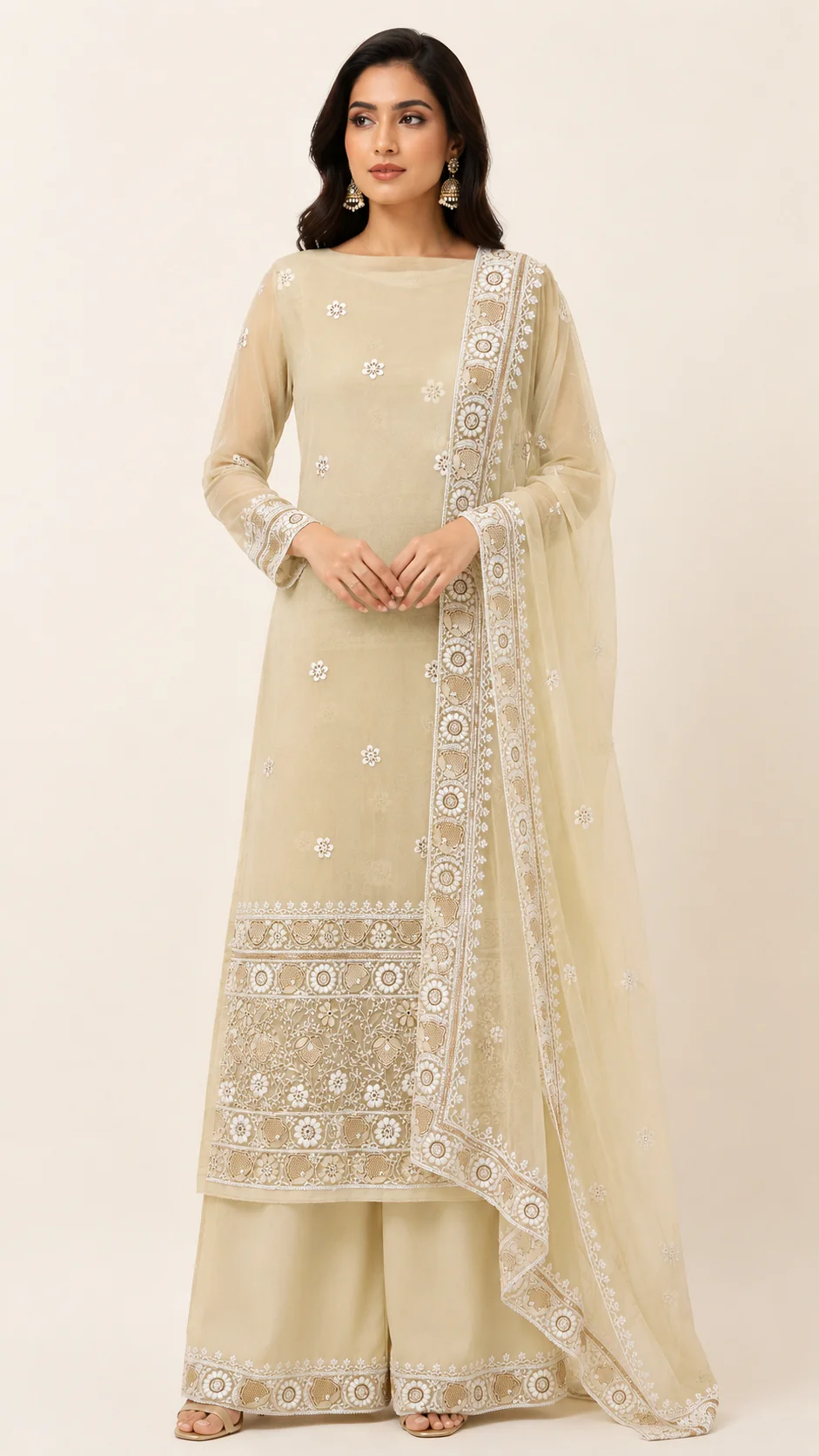 Pastel YellowGeorgette Chikankari Kurta Palazzo Set with Dupatta -Cutdana, Pearl