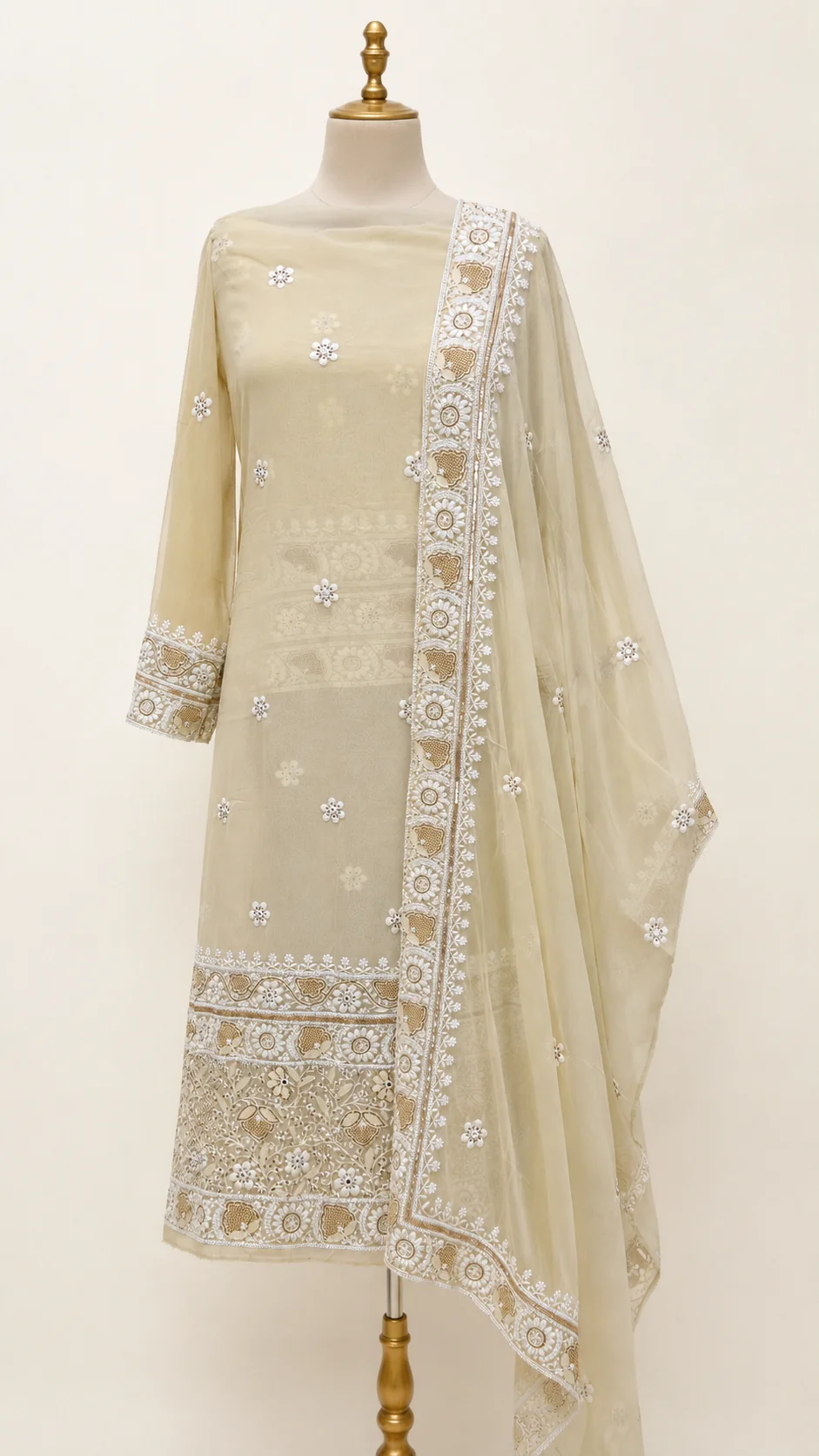 Pastel YellowGeorgette Chikankari Kurta Palazzo Set with Dupatta -Cutdana, Pearl, detail 2