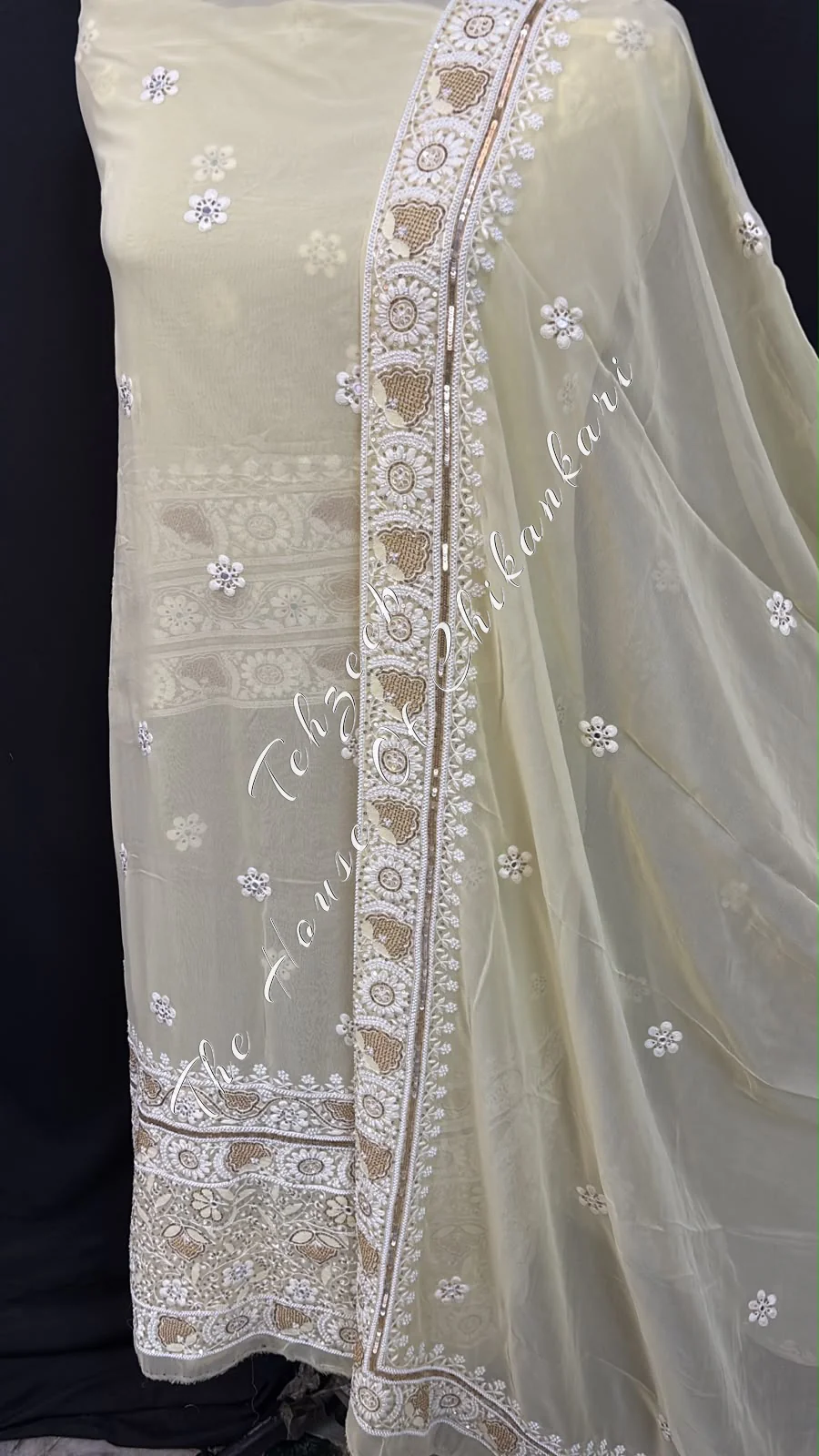 Pastel YellowGeorgette Chikankari Kurta Palazzo Set with Dupatta -Cutdana, Pearl, detail 3