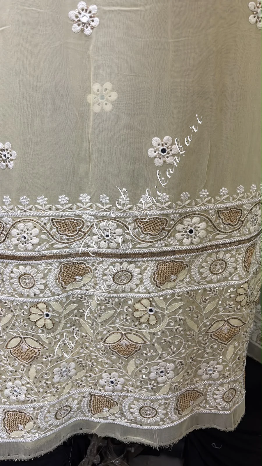 Pastel YellowGeorgette Chikankari Kurta Palazzo Set with Dupatta -Cutdana, Pearl, detail 4