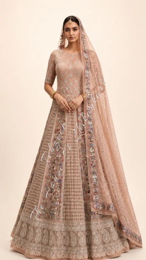 Peach Georgette Chikankari Lehenga Set - Parsi Gara Floral Panels