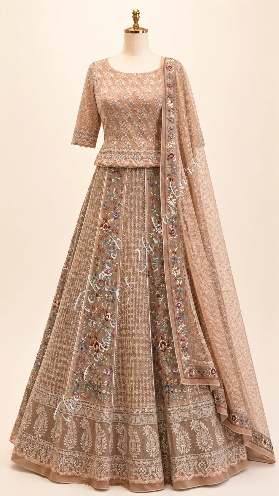 Peach Georgette Chikankari Lehenga Set - Parsi Gara Floral Panels, detail 2