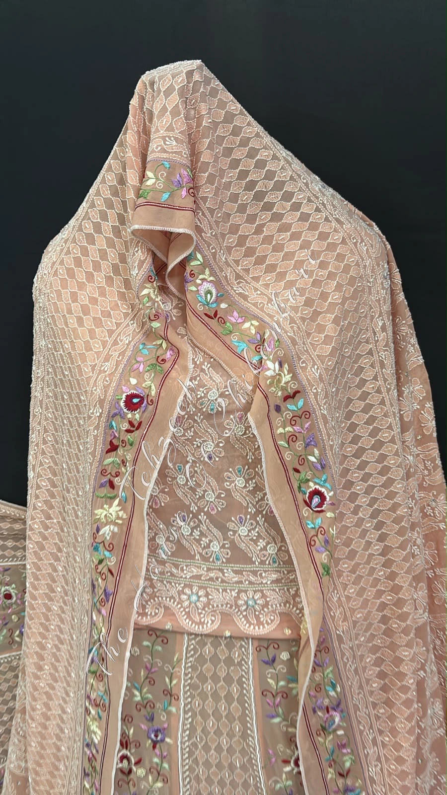 Peach Georgette Chikankari Lehenga Set - Parsi Gara Floral Panels, detail 3