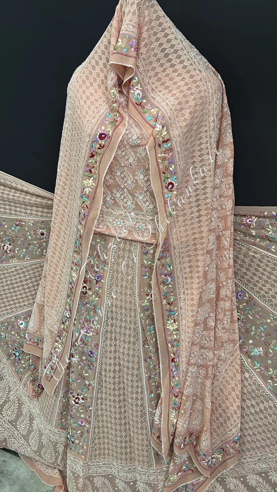 Peach Georgette Chikankari Lehenga Set - Parsi Gara Floral Panels, detail 4