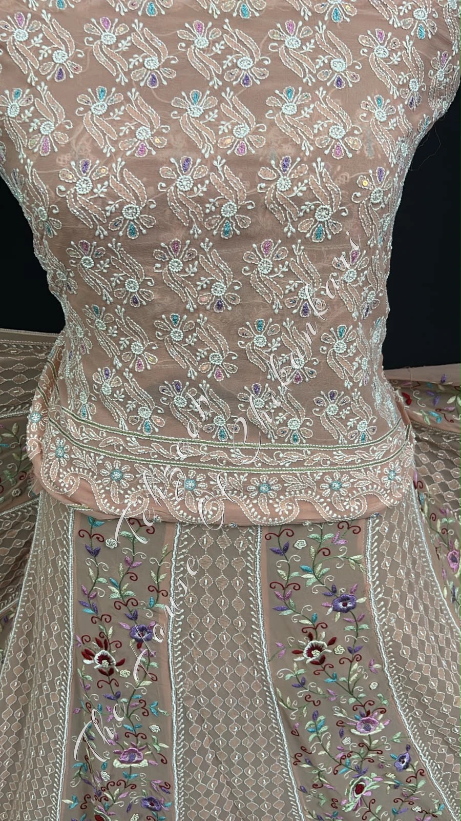 Peach Georgette Chikankari Lehenga Set - Parsi Gara Floral Panels, detail 5