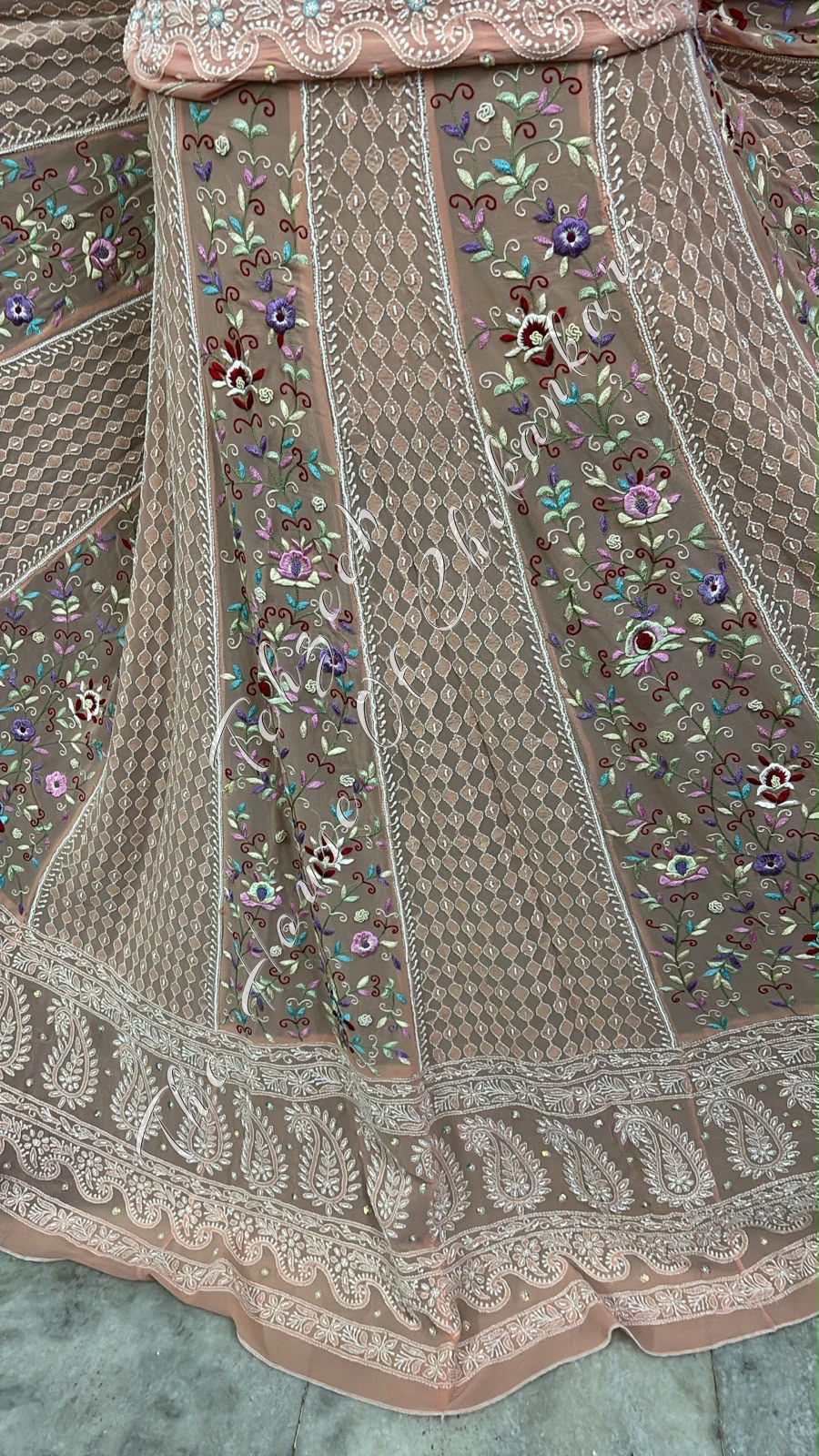 Peach Georgette Chikankari Lehenga Set - Parsi Gara Floral Panels, detail 6