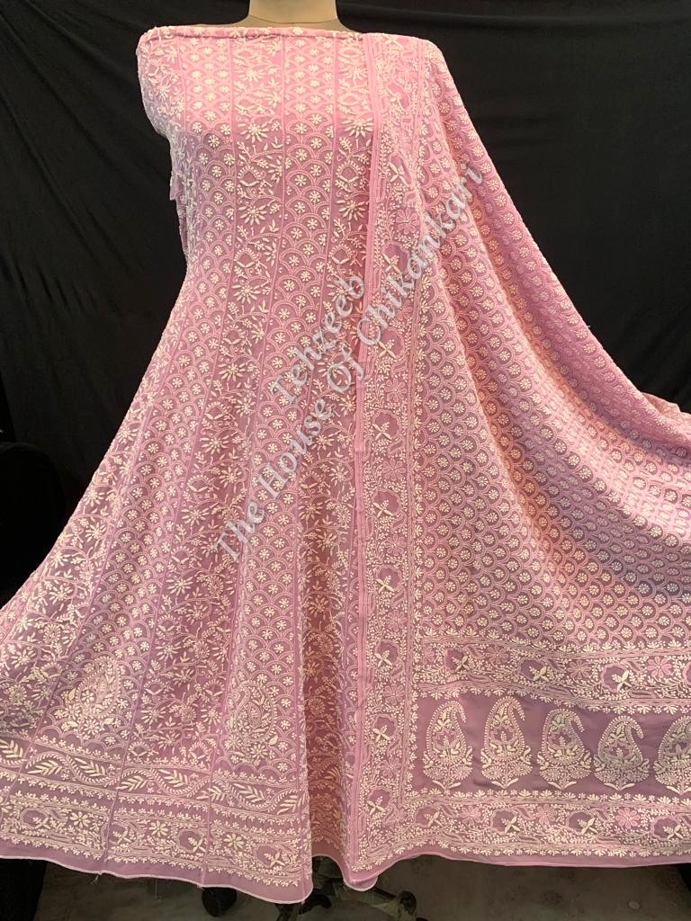 Pechani - The Mughal Nakkashi Chikankari Anarkali, Pink with Paisley Hem