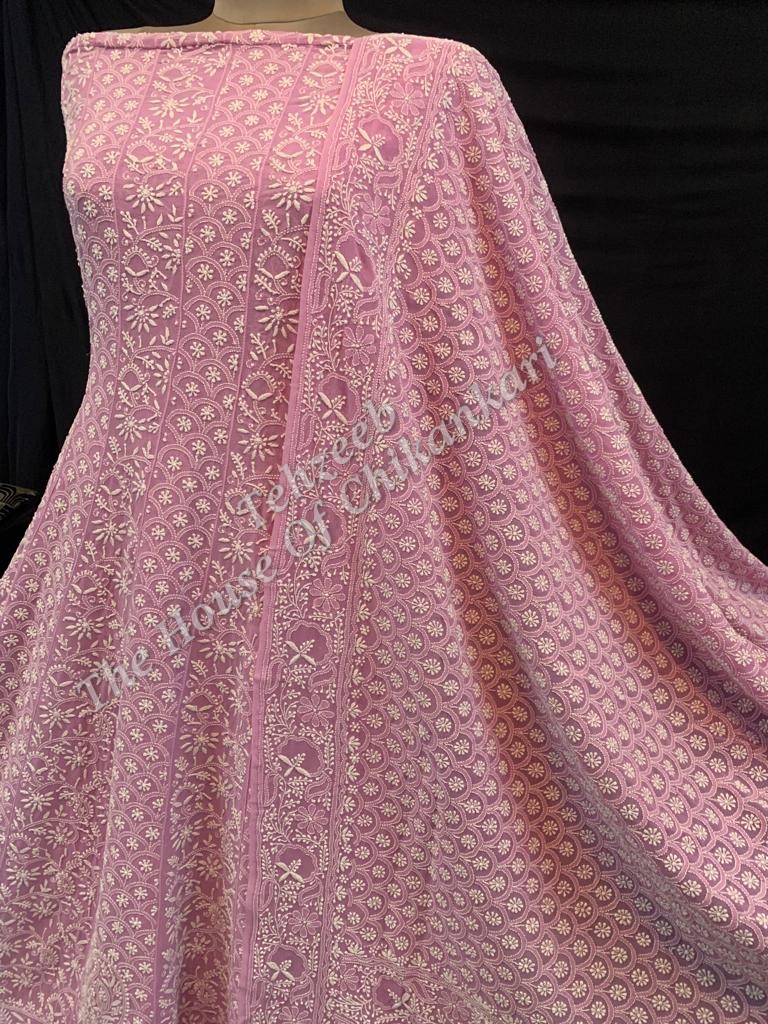 Pechani - The Mughal Nakkashi Chikankari Anarkali, Pink with Paisley Hem, detail 2