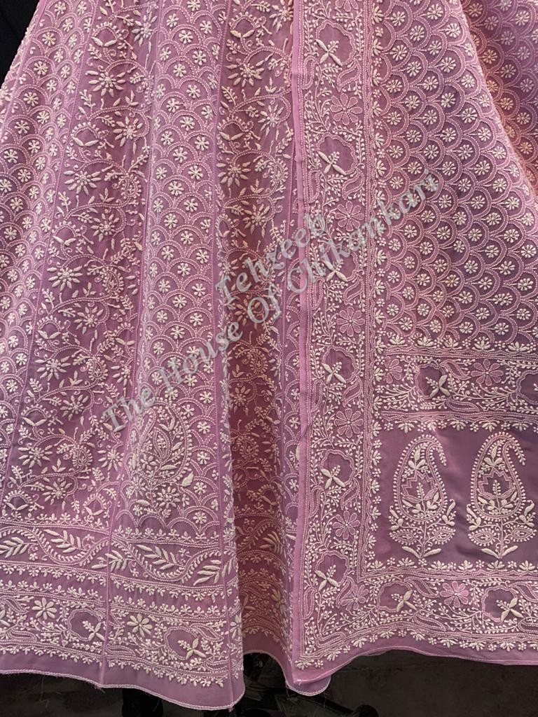 Pechani - The Mughal Nakkashi Chikankari Anarkali, Pink with Paisley Hem, detail 3