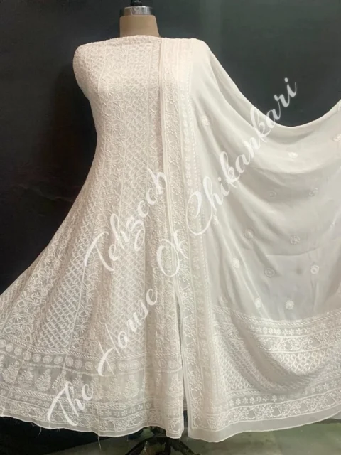 Pechani - The Mughal Nakkashi Chikankari Anarkali, Ivory with Plain Dupatta