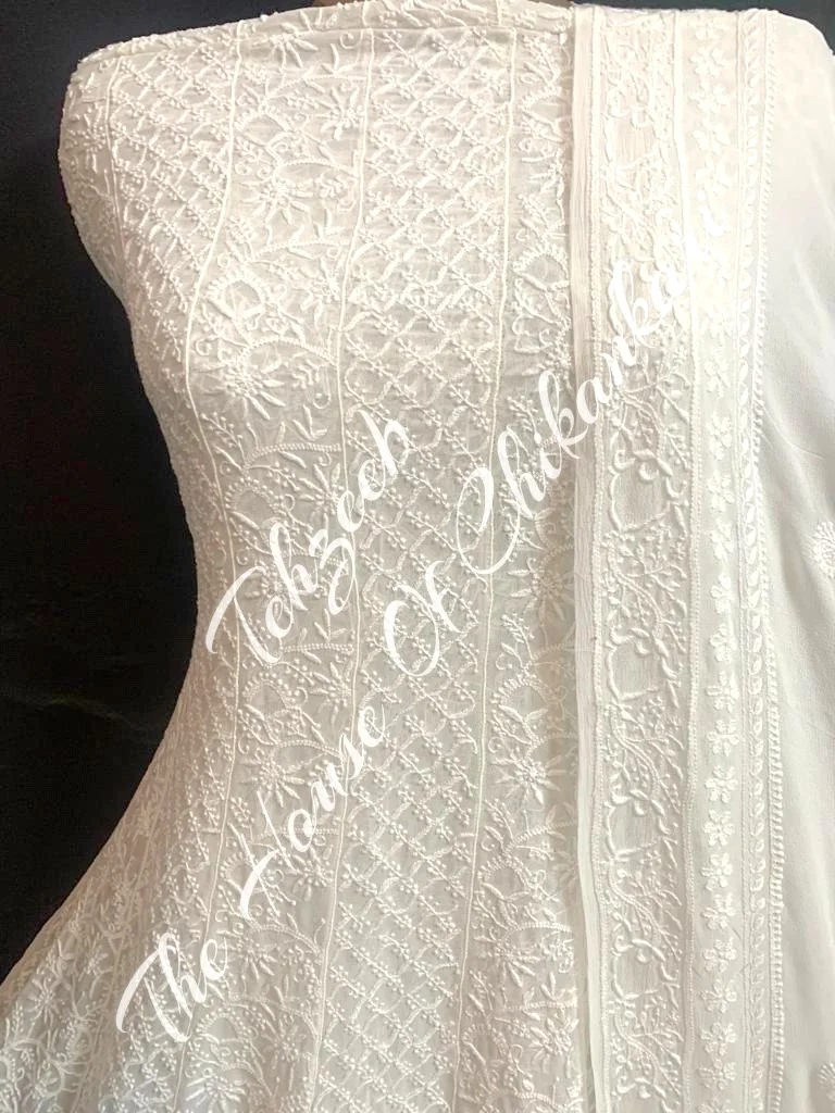 Pechani - The Mughal Nakkashi Chikankari Anarkali, Ivory with Plain Dupatta, detail 3