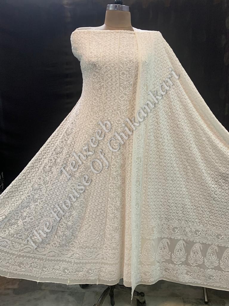 Mughal Nakkashi Chikankari Anarkali, Ivory Jaali Panels, detail 3