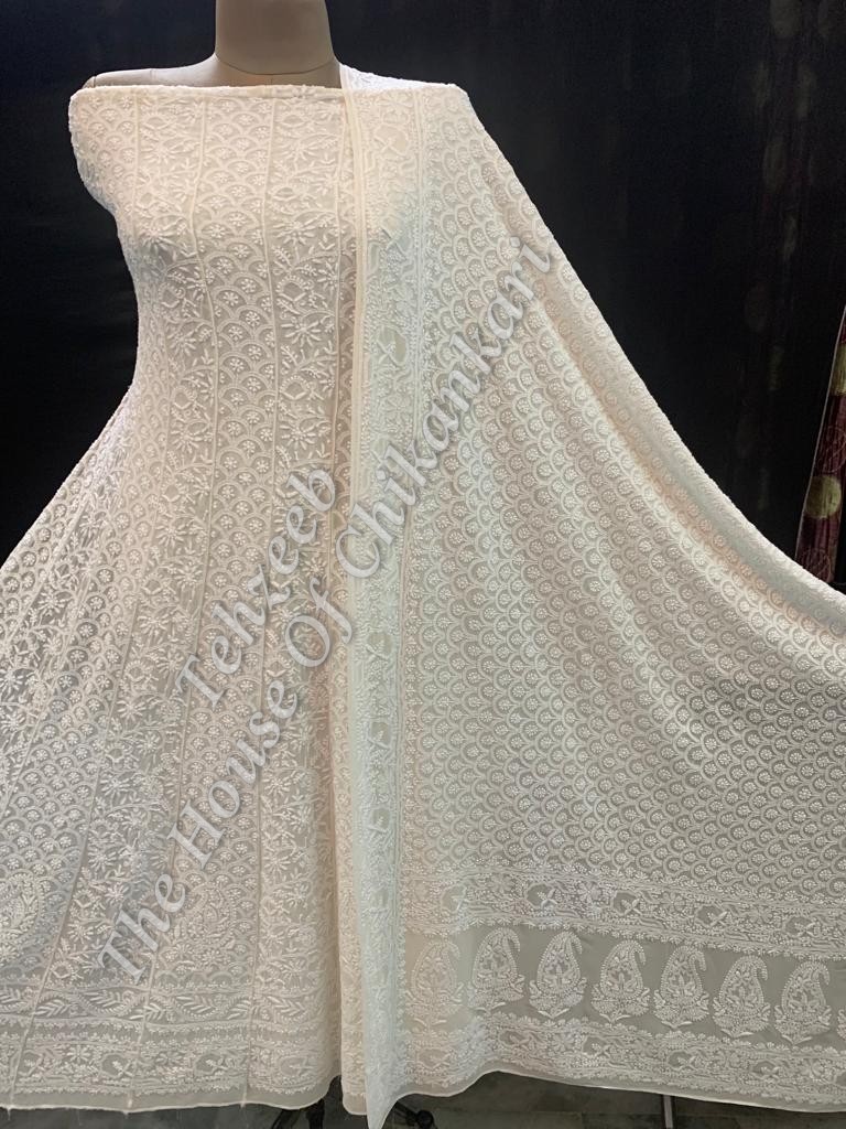 Mughal Nakkashi Chikankari Anarkali, Ivory Jaali Panels, detail 4