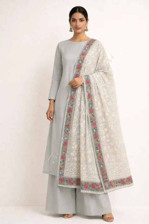 Petit Point & Chikankari Hand Embroidered Georgette Dupatta
