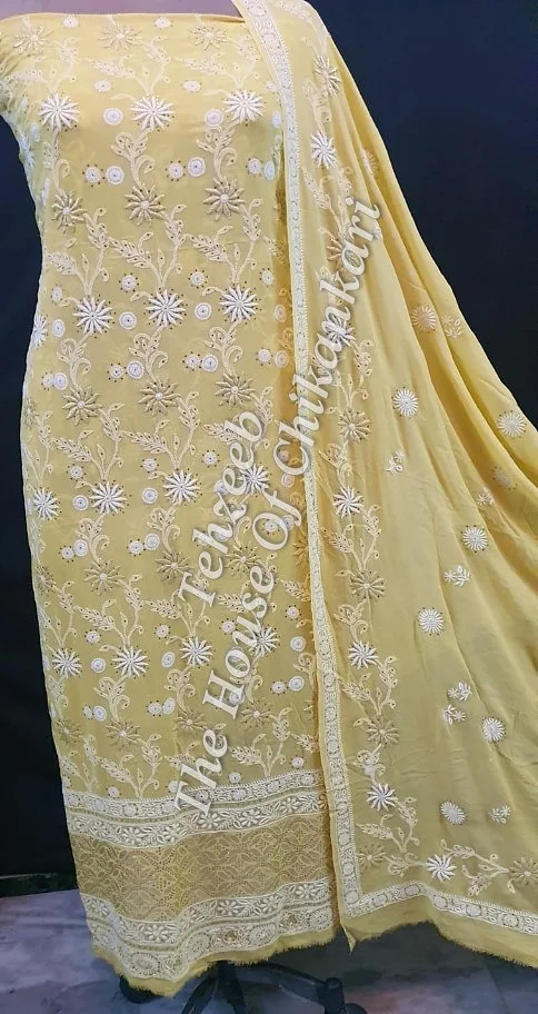 Pure Georgette Tissue Silk Applique Chikankari Suit, detail 2