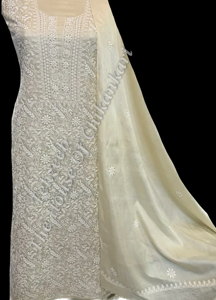 Pure Moonga Silk Ek Taar Lucknowi Chikankari Suit, detail 2