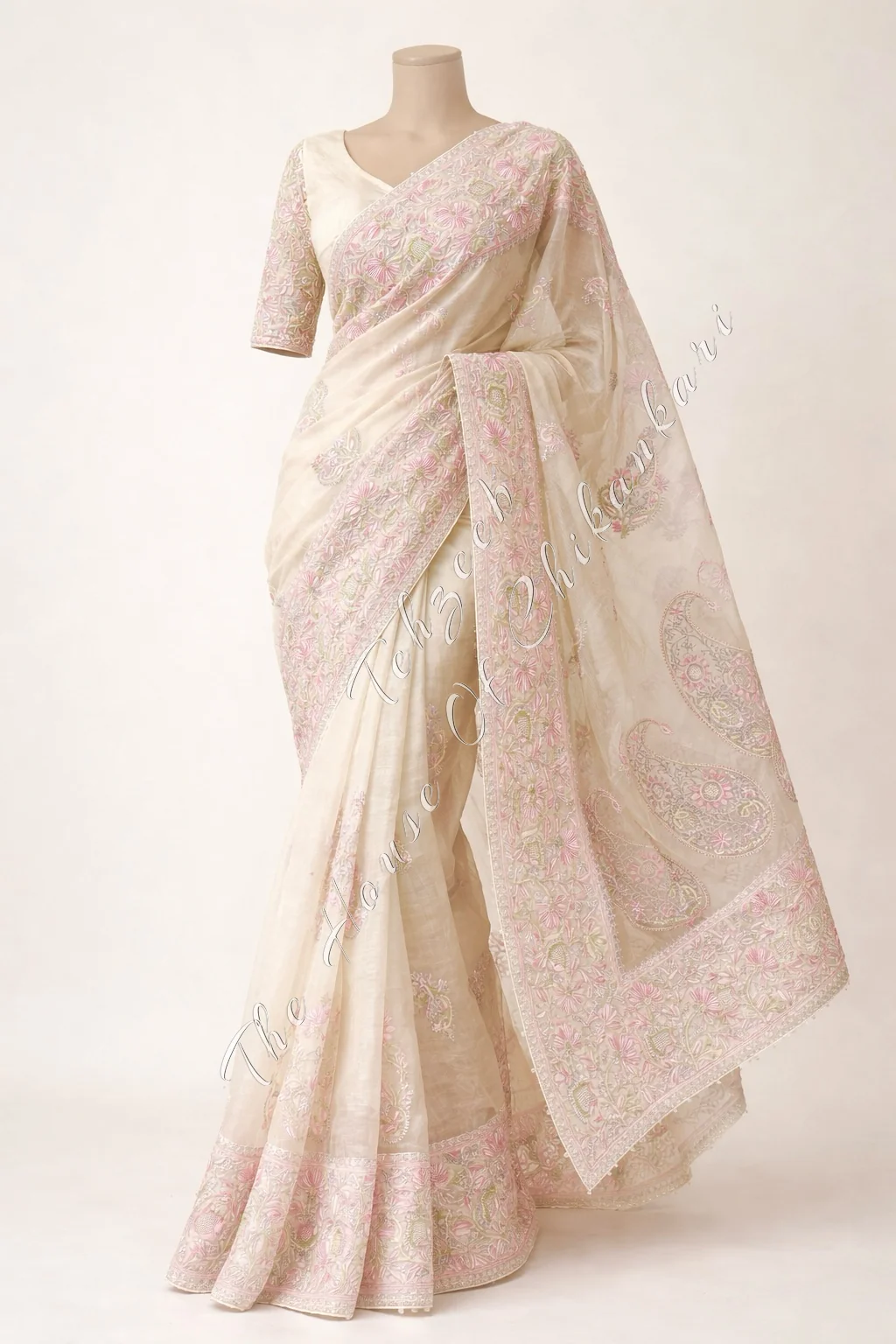Pure Organza Silk Lucknowi Chikankari Saree, detail 2
