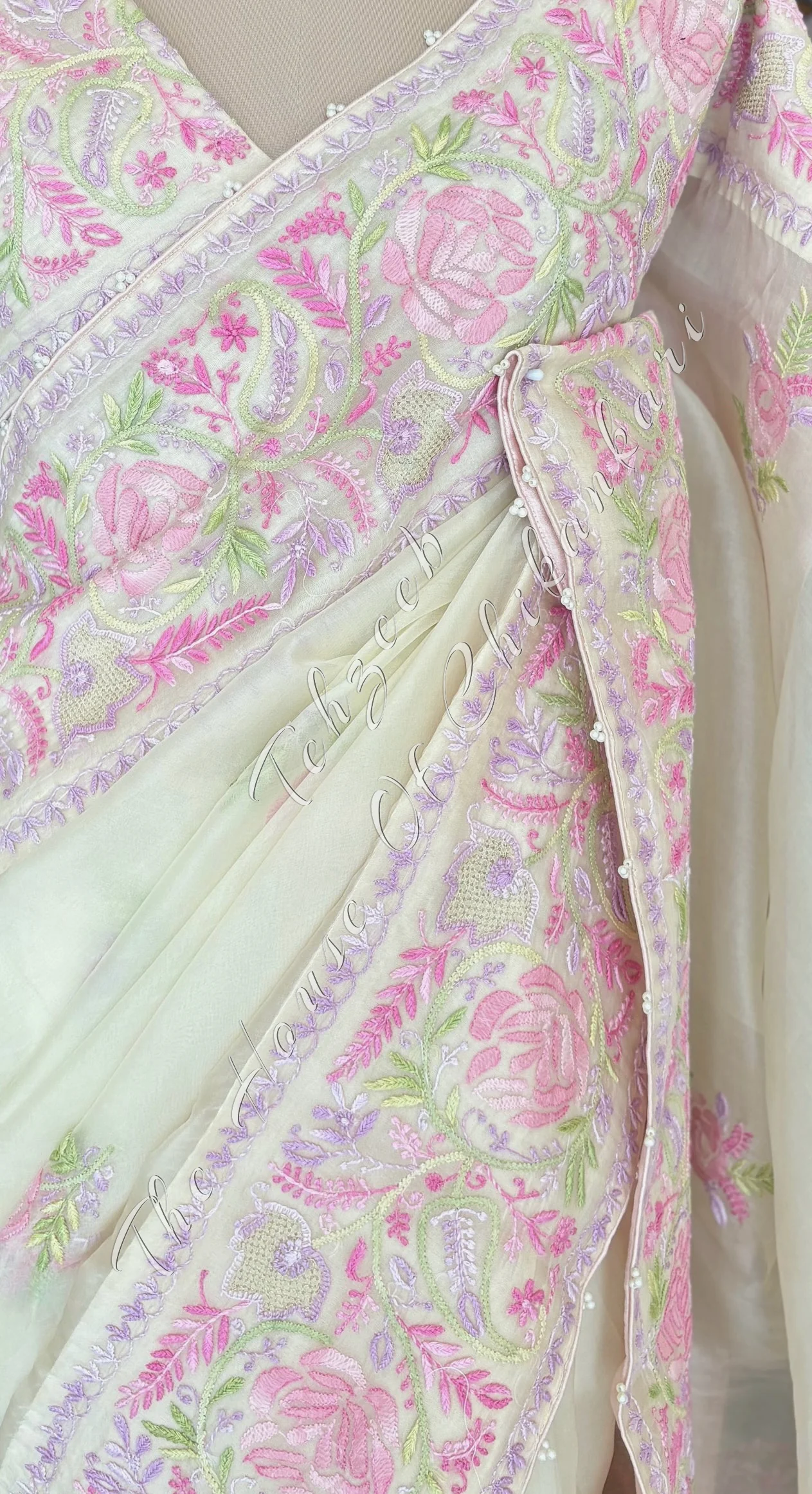 Pure Organza Silk Lucknowi Chikankari Saree, detail 4