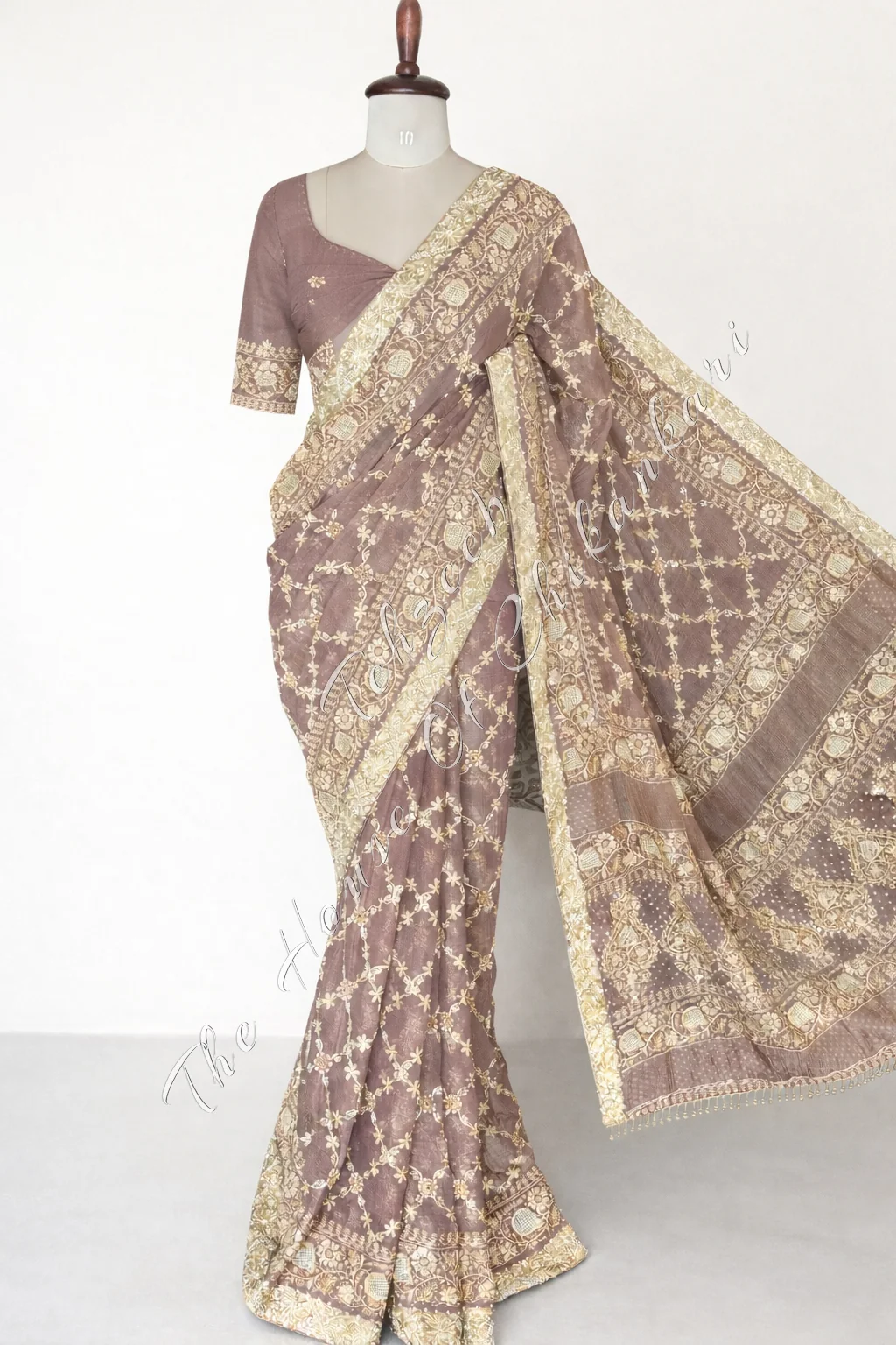 Pure Tissue Silk Lucknowi Chikankari Saree, detail 4