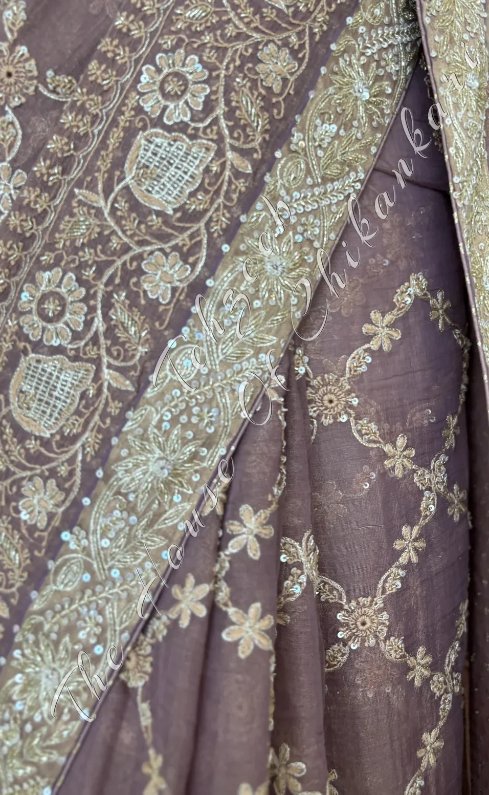 Pure Tissue Silk Lucknowi Chikankari Saree, detail 6