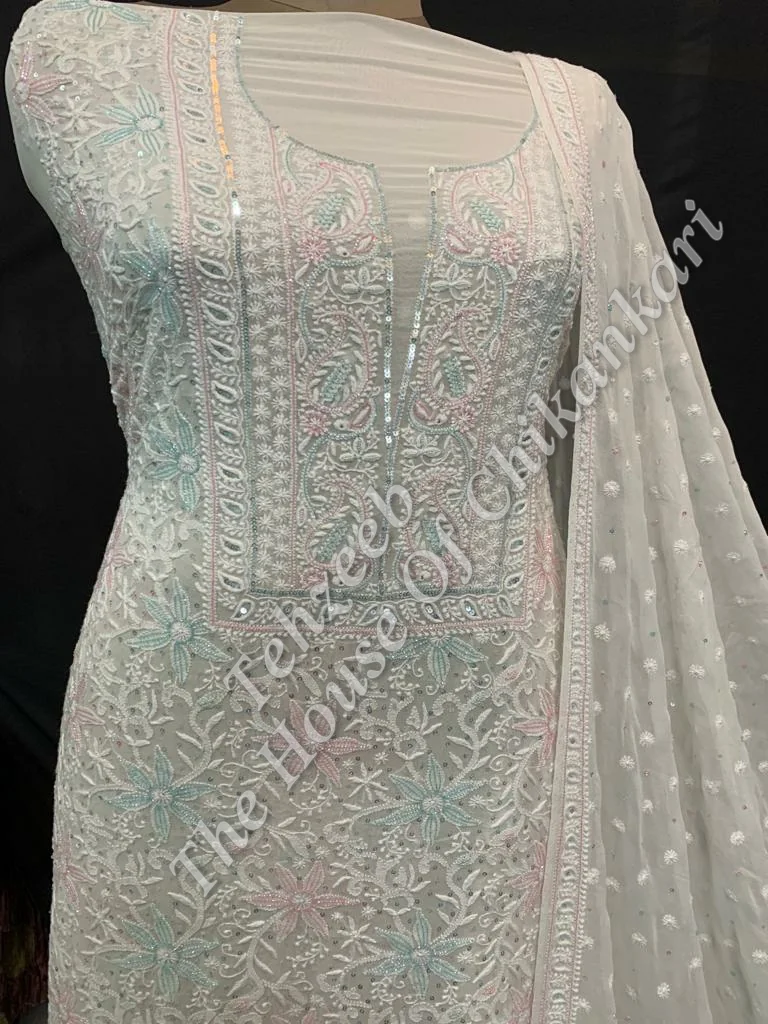 Regal Ek Taar Lucknowi Chikankari Suit, Ivory with Pastel Jaal