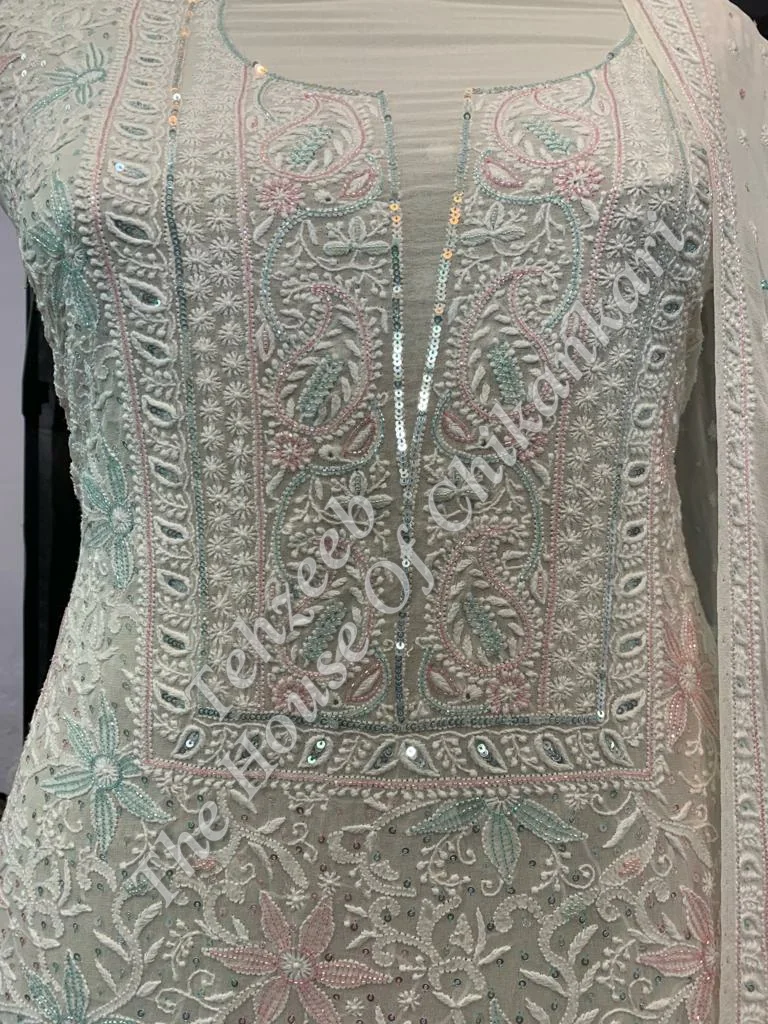 Regal Ek Taar Lucknowi Chikankari Suit, Ivory with Pastel Jaal, detail 2