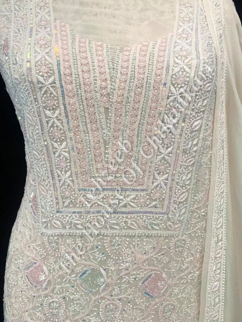 Regal Ek Taar Lucknowi Chikankari Suit, Ivory with Square Yoke