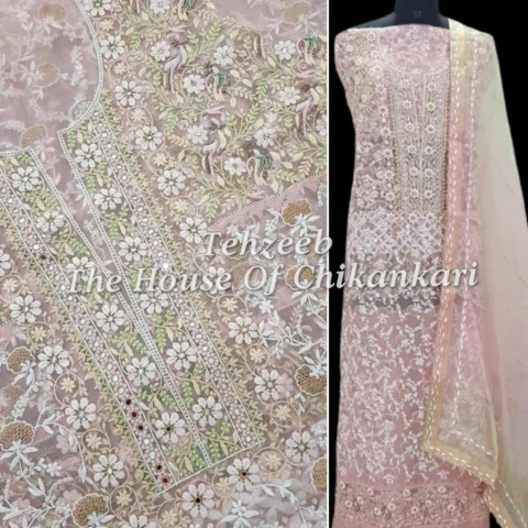 Shahi-Pehnawa Designer Chikankari Suit (Organza Silk / Pure Georgette), Blush Pink Organza