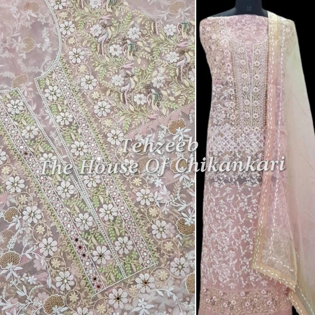 Shahi-Pehnawa Designer Chikankari Suit (Organza Silk / Pure Georgette), Blush Pink Organza